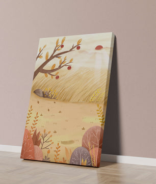 Autumn landscape illustration with apple tree and sunrise in a serene field