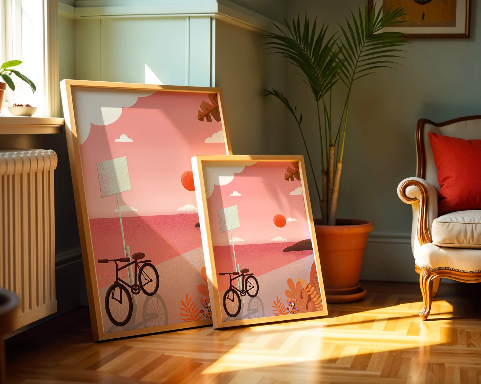 Serene sunset with bicycle by the sea in pastel colors