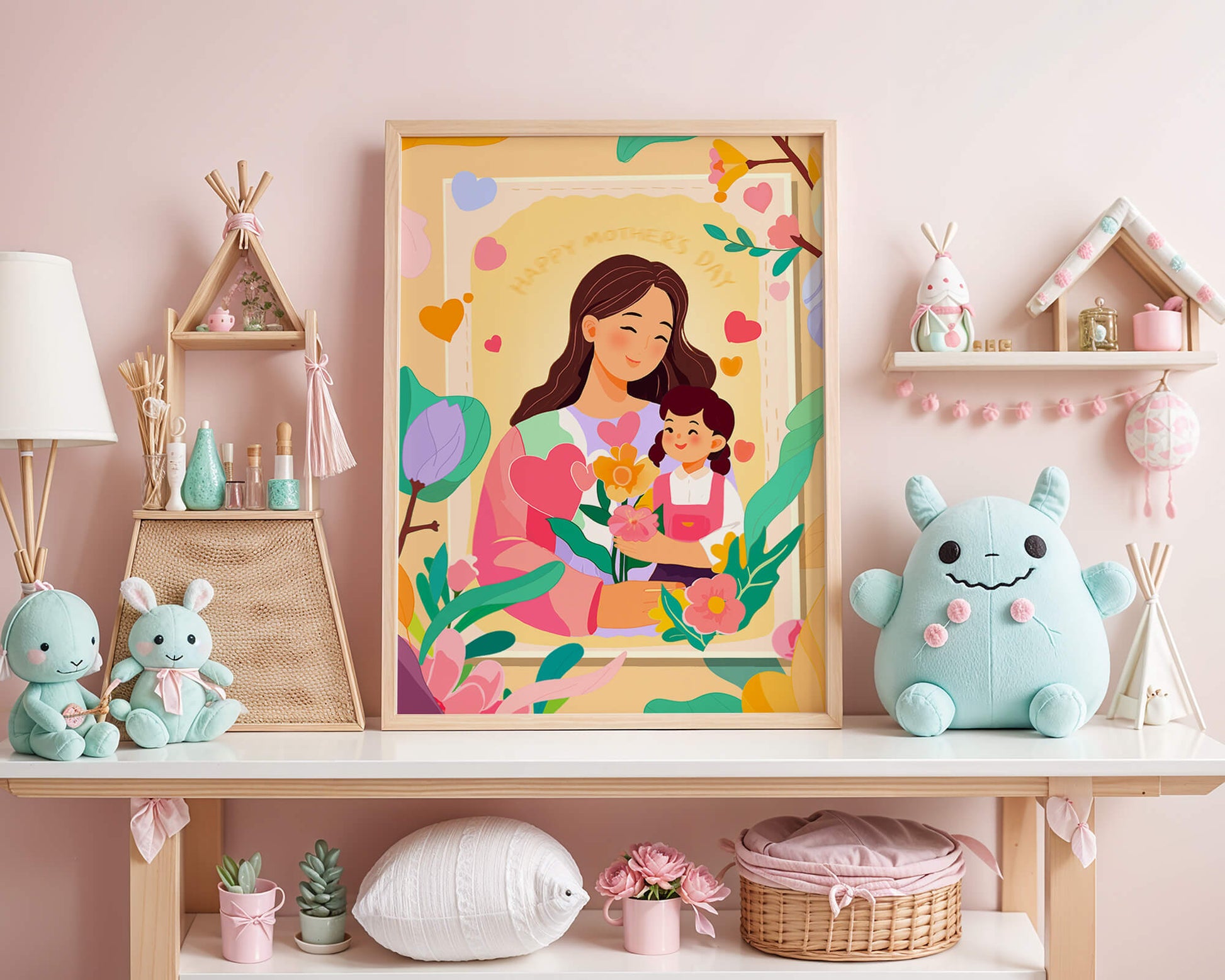 Illustration of mother and daughter with flowers for Mother's Day