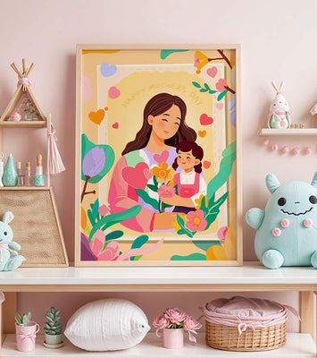 Illustration of mother and daughter with flowers for Mother's Day