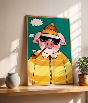 Cerdo elegante con gafas de sol y pipa contra un cielo turquesa
