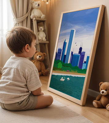 Modern cityscape with skyline and waterfront in a vibrant style