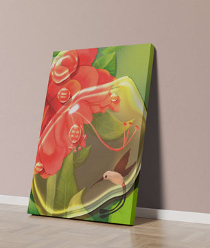 Vibrant floral illustration with hummingbird and lush greenery