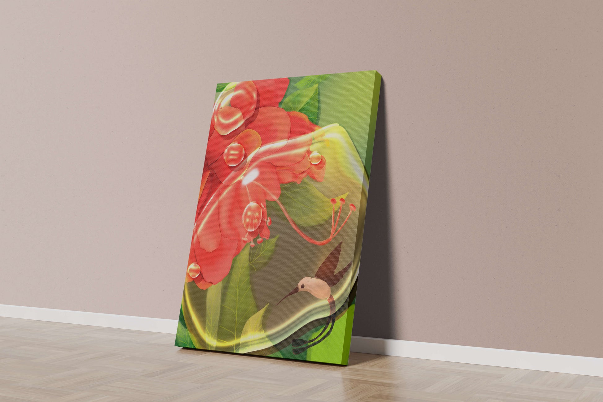 Vibrant floral illustration with hummingbird and lush greenery