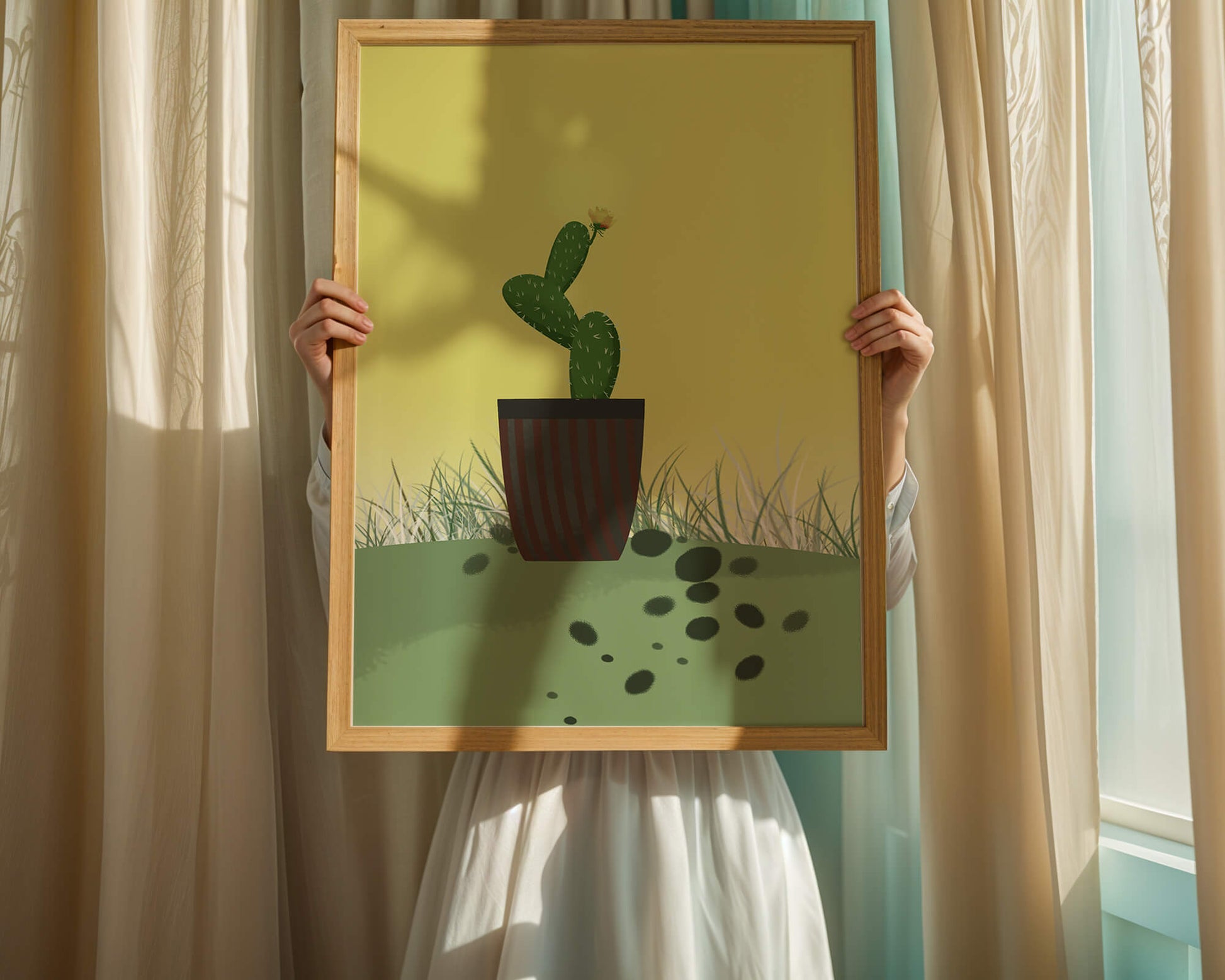 Illustration of a potted cactus with flower on soft background
