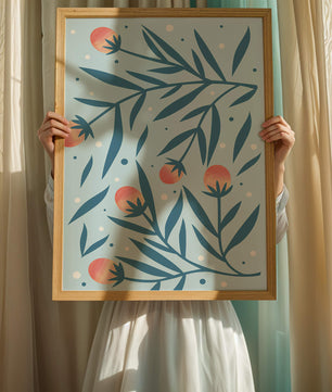 Abstract botanical pattern with colorful flowers and leaves on light blue background