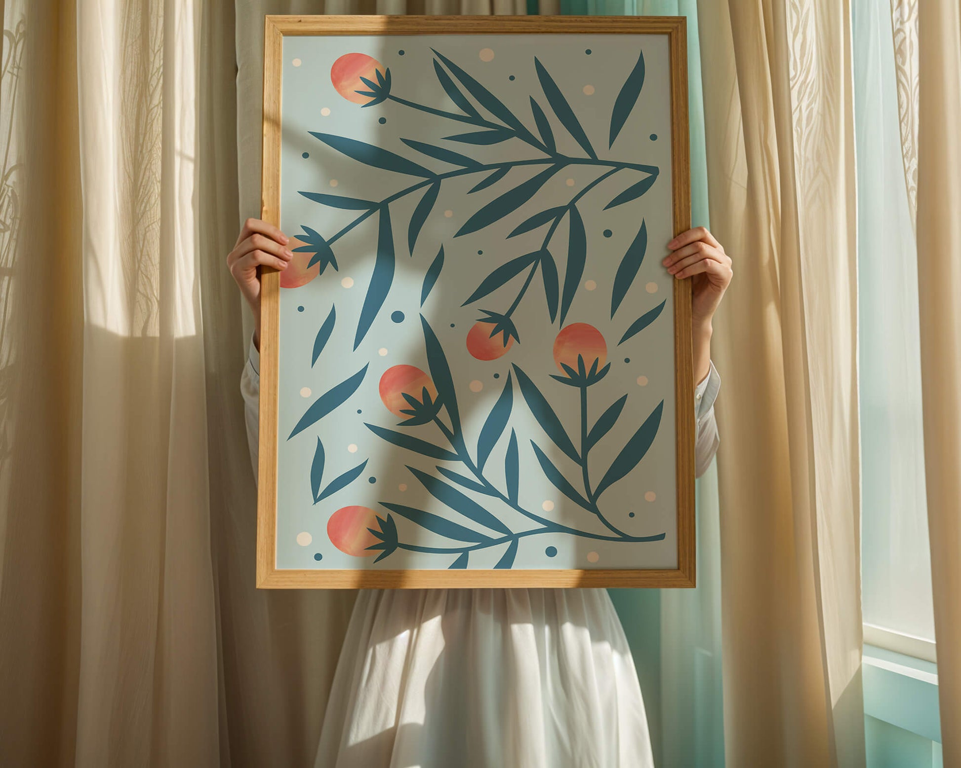 Abstract botanical pattern with colorful flowers and leaves on light blue background