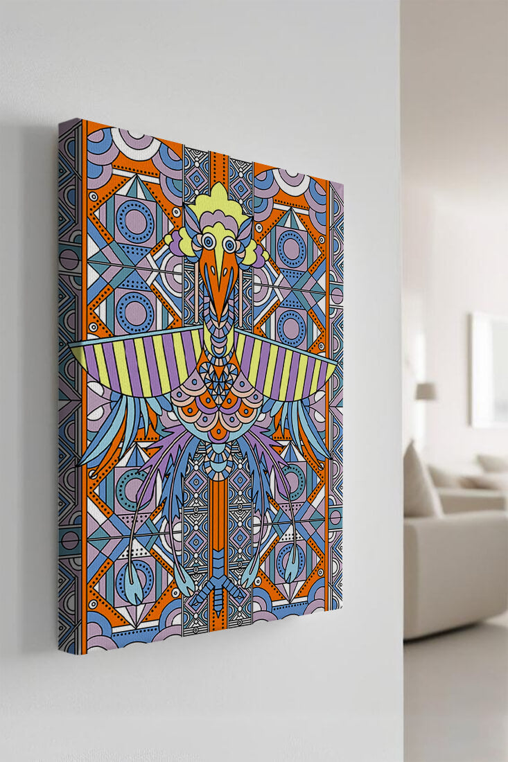 Arte geométrico de aves con patrones coloridos y detalles intrincados