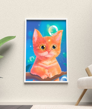 Adorable orange kitten illustration with bubbles and a colorful background