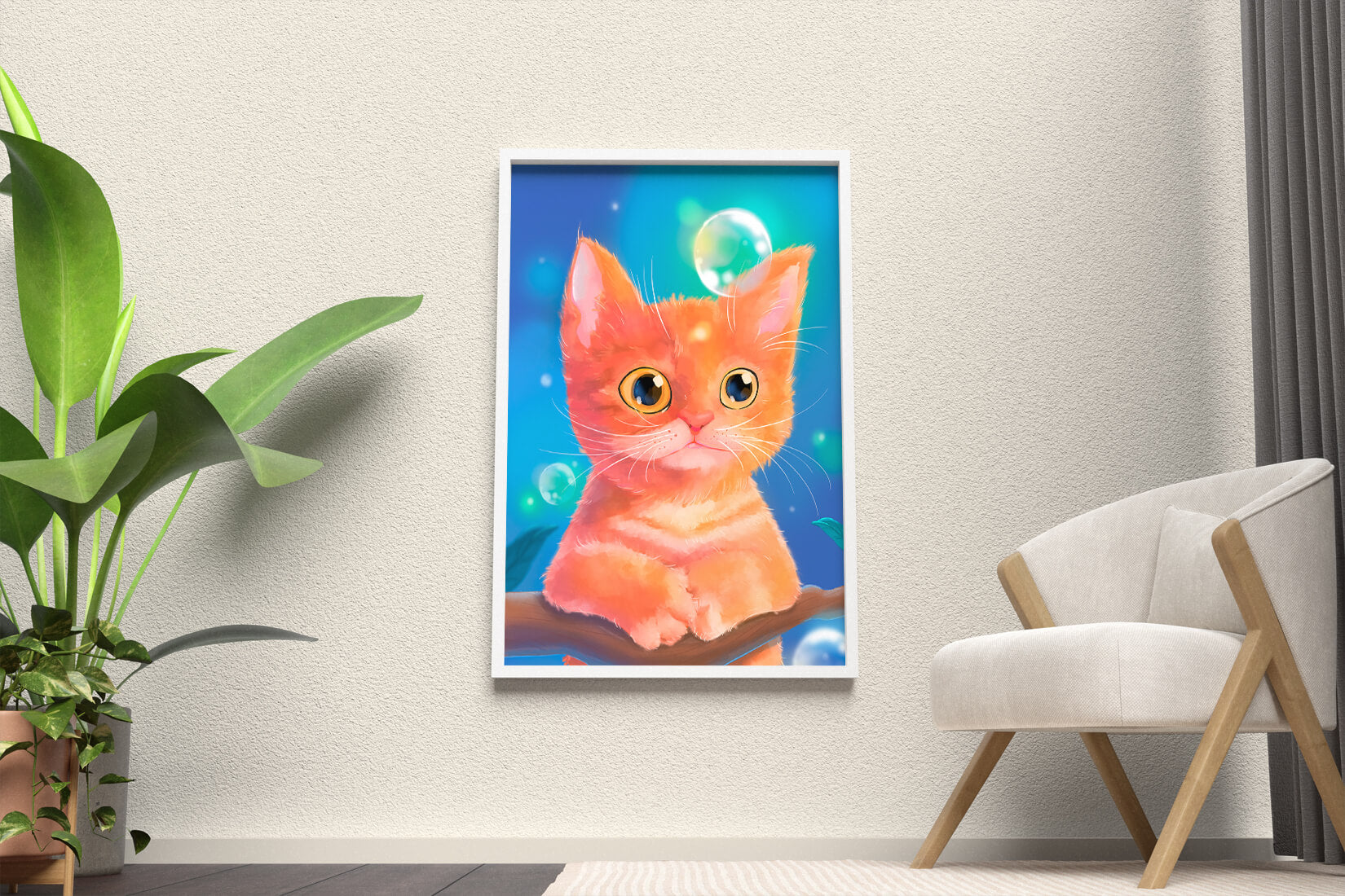 Adorable orange kitten illustration with bubbles and a colorful background