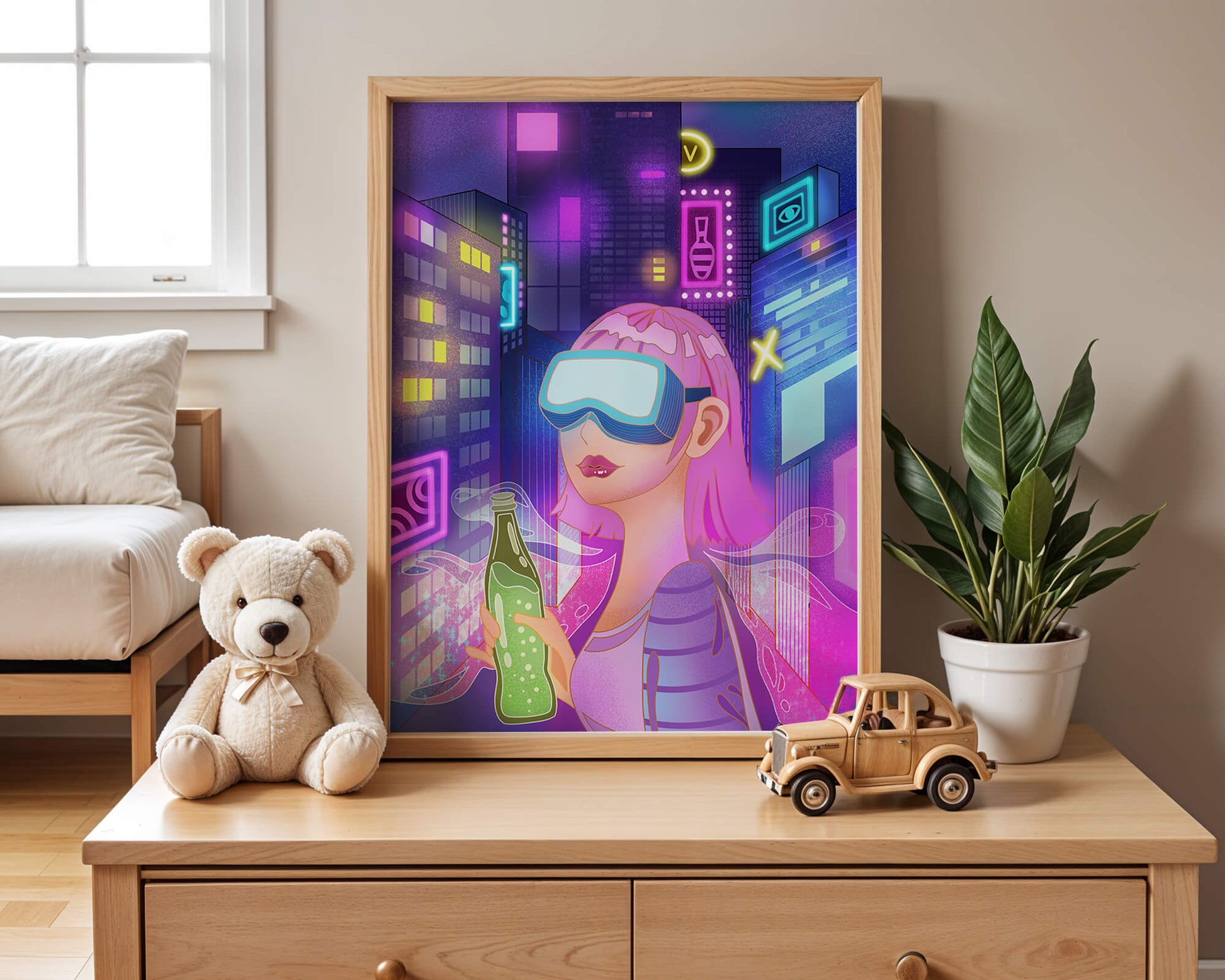 Futuristic urban scene with neon lights and virtual reality elements