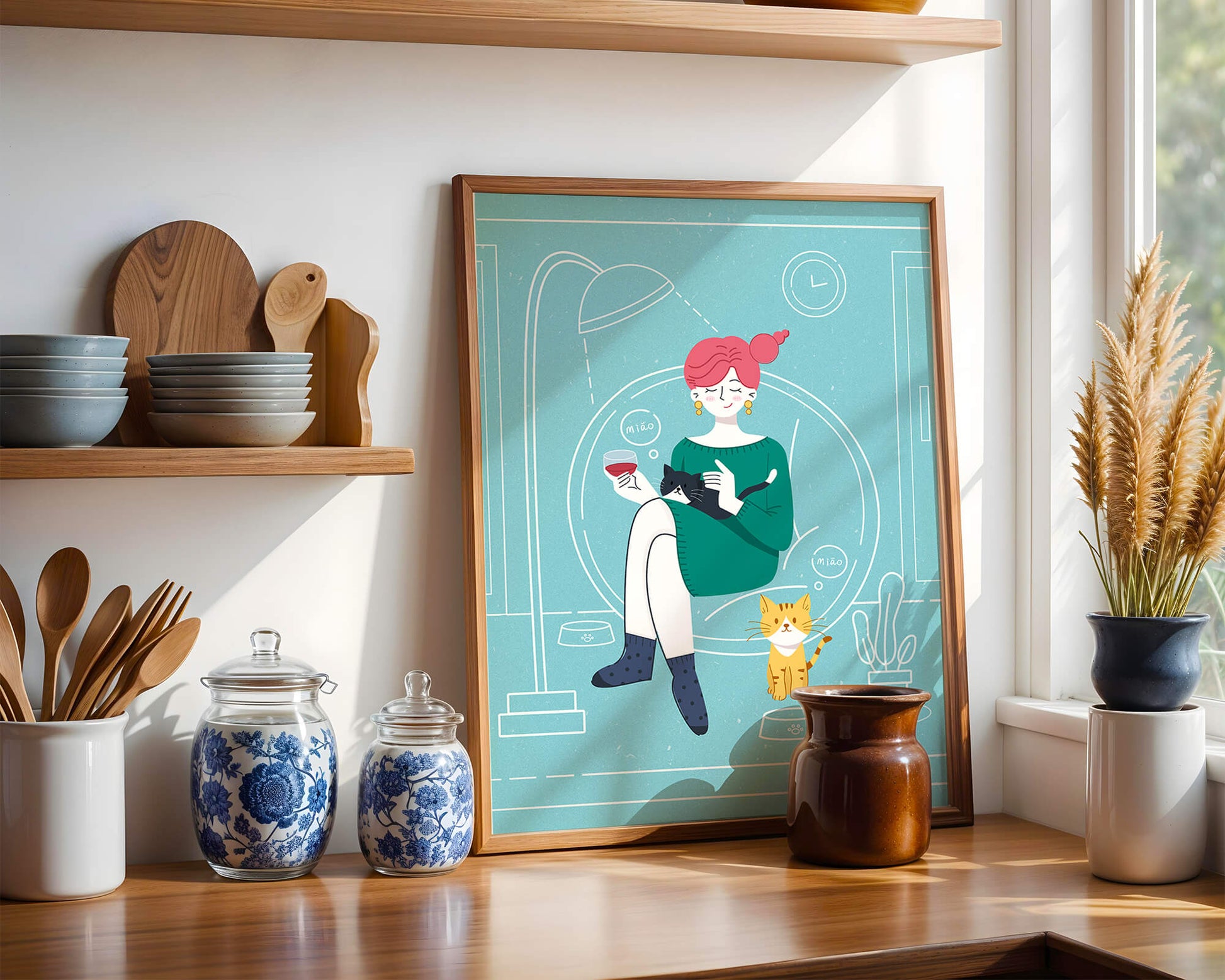 Acogedora velada con gatos en una sala de estar escandinava