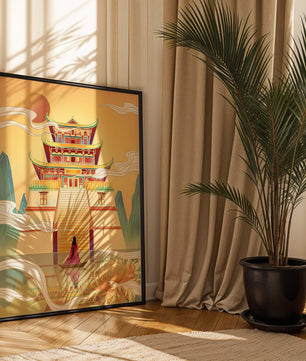 Ancient temple with serene landscape and vibrant colors artwork