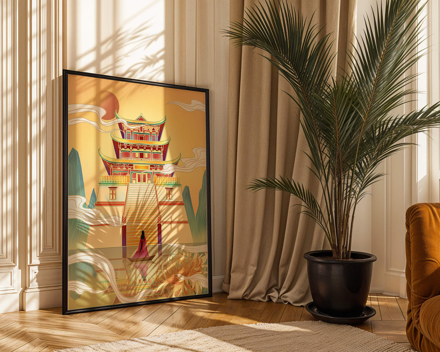 Ancient temple with serene landscape and vibrant colors artwork