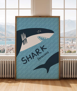 Gráfico de tiburón ilustrado con fondo azul y tipografía
