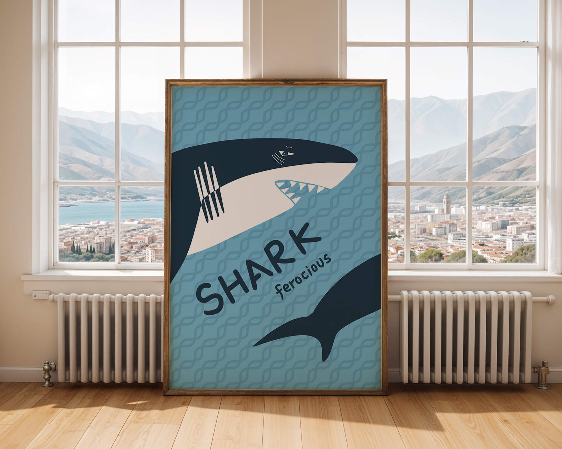 Illustrated shark graphic with blue background and typography