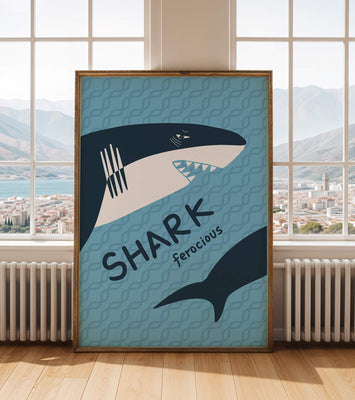 Illustrated shark graphic with blue background and typography
