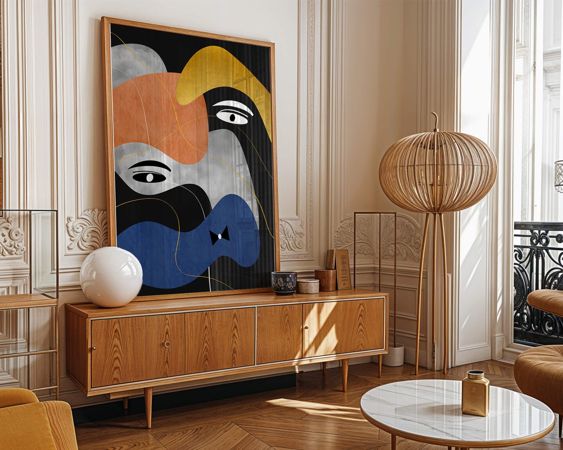 Abstract geometric art with bold colors and gold accents