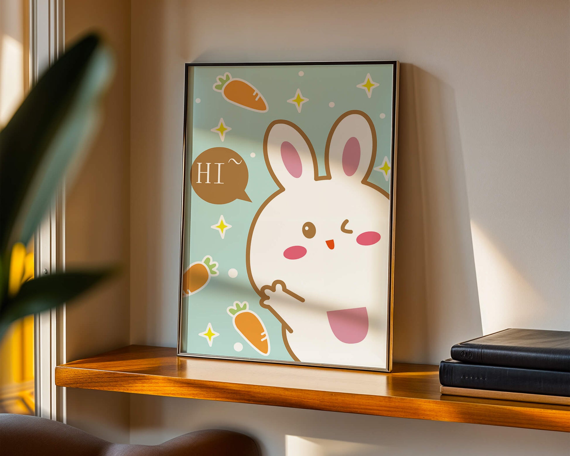 Conejo de dibujos animados juguetón con zanahorias y estrellas sobre fondo turquesa