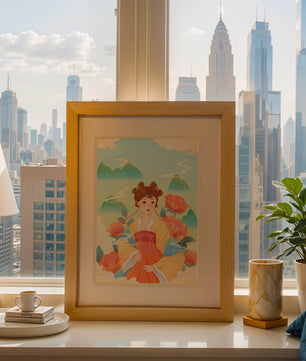 Traditional Asian Art with Woman in Hanfu Surrounded by Mountains and Peonies