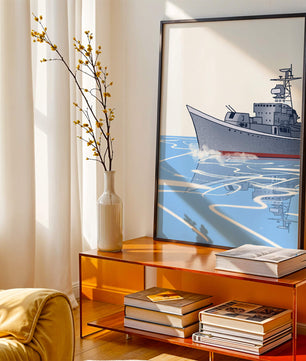Illustrative depiction of a warship sailing on calm waters