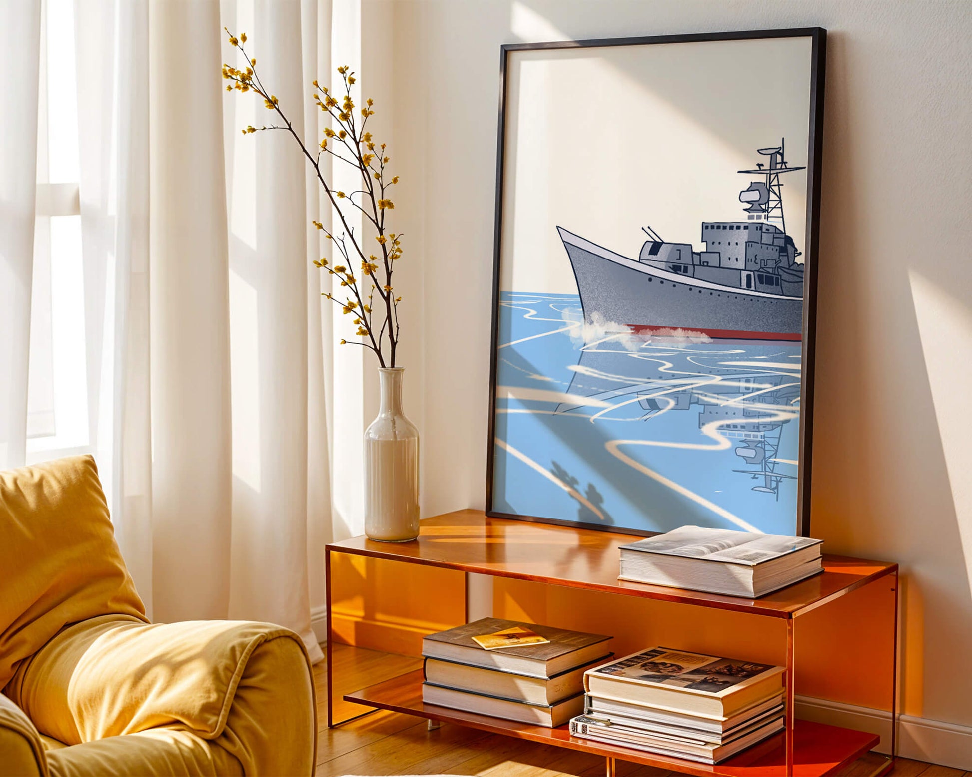 Illustrative depiction of a warship sailing on calm waters