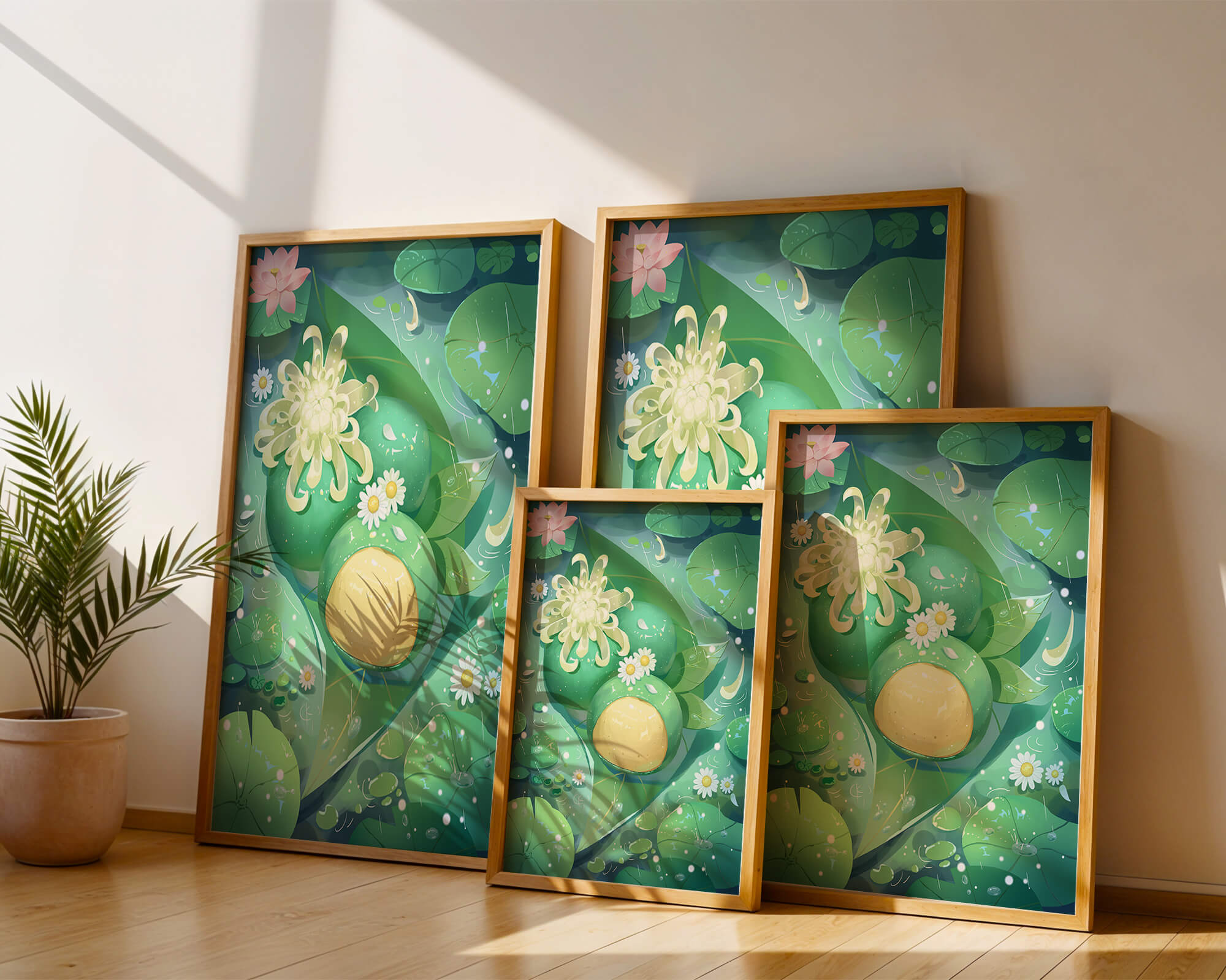 Lush aquatic scene with lotus flowers and green leaves