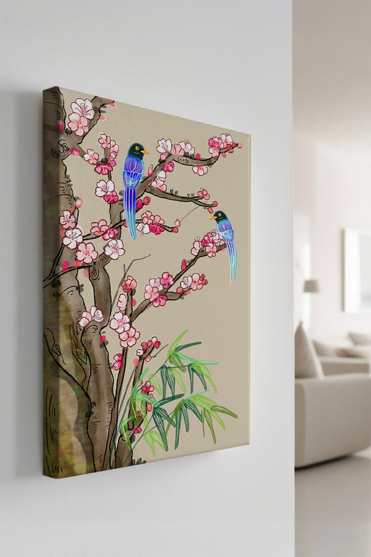 Illustration sereine d’oiseaux sur des branches en fleurs avec des feuilles de bambou