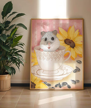 Hámster adorable en una taza de té con girasoles y semillas