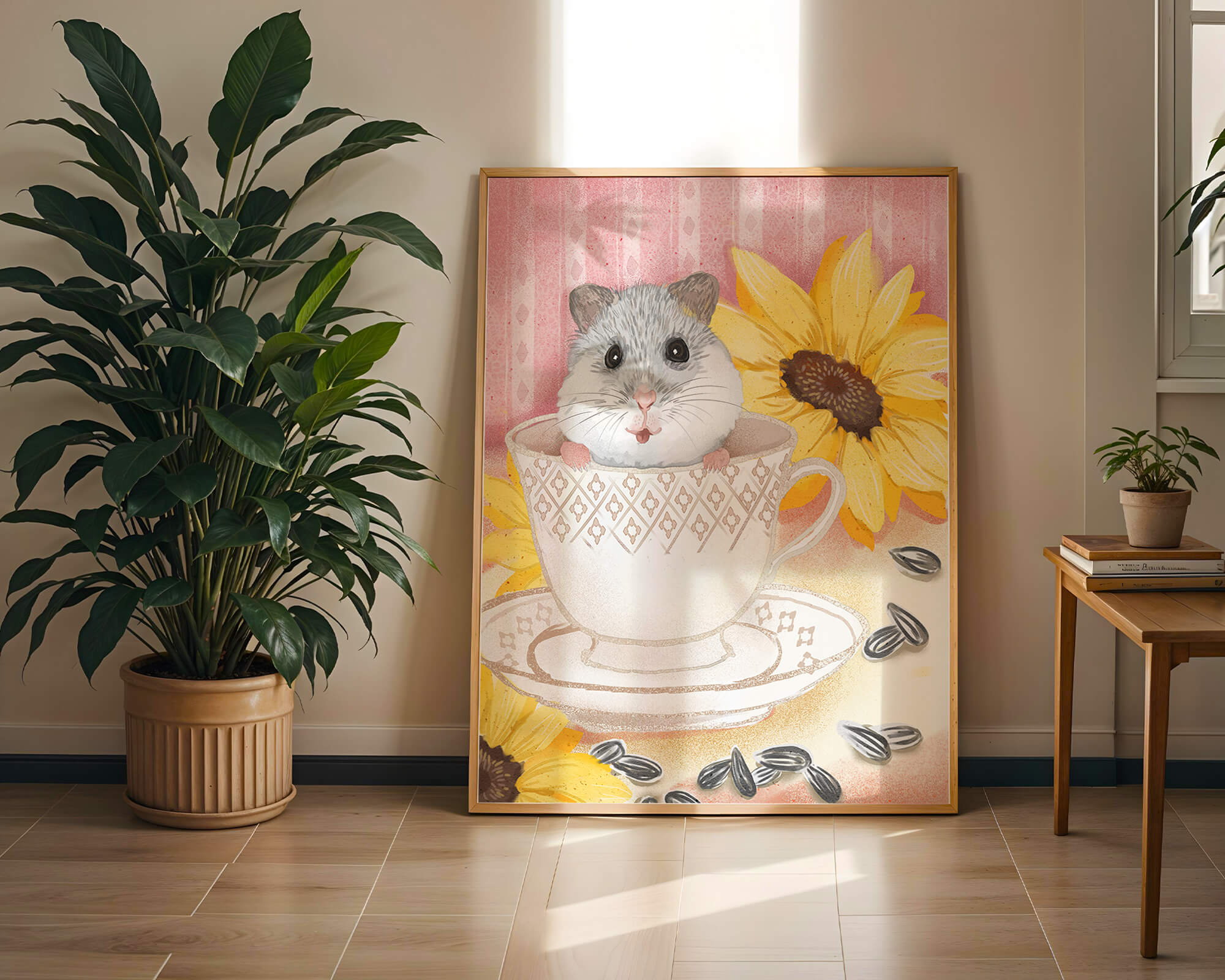 Adorable hamster in teacup with sunflowers and seeds
