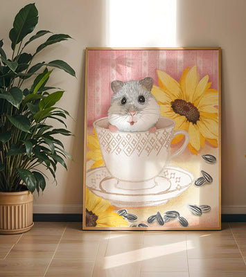 Adorable hamster in teacup with sunflowers and seeds