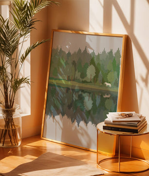 Forest landscape with a white horse and reflection in a tranquil pond