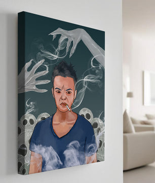A Person Surrounded by Smoke and Ghostly Hands with Skulls in the Background