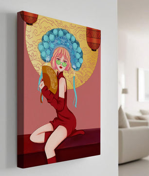 Elegante Illustration einer Frau in traditioneller Kleidung mit einem Fächer