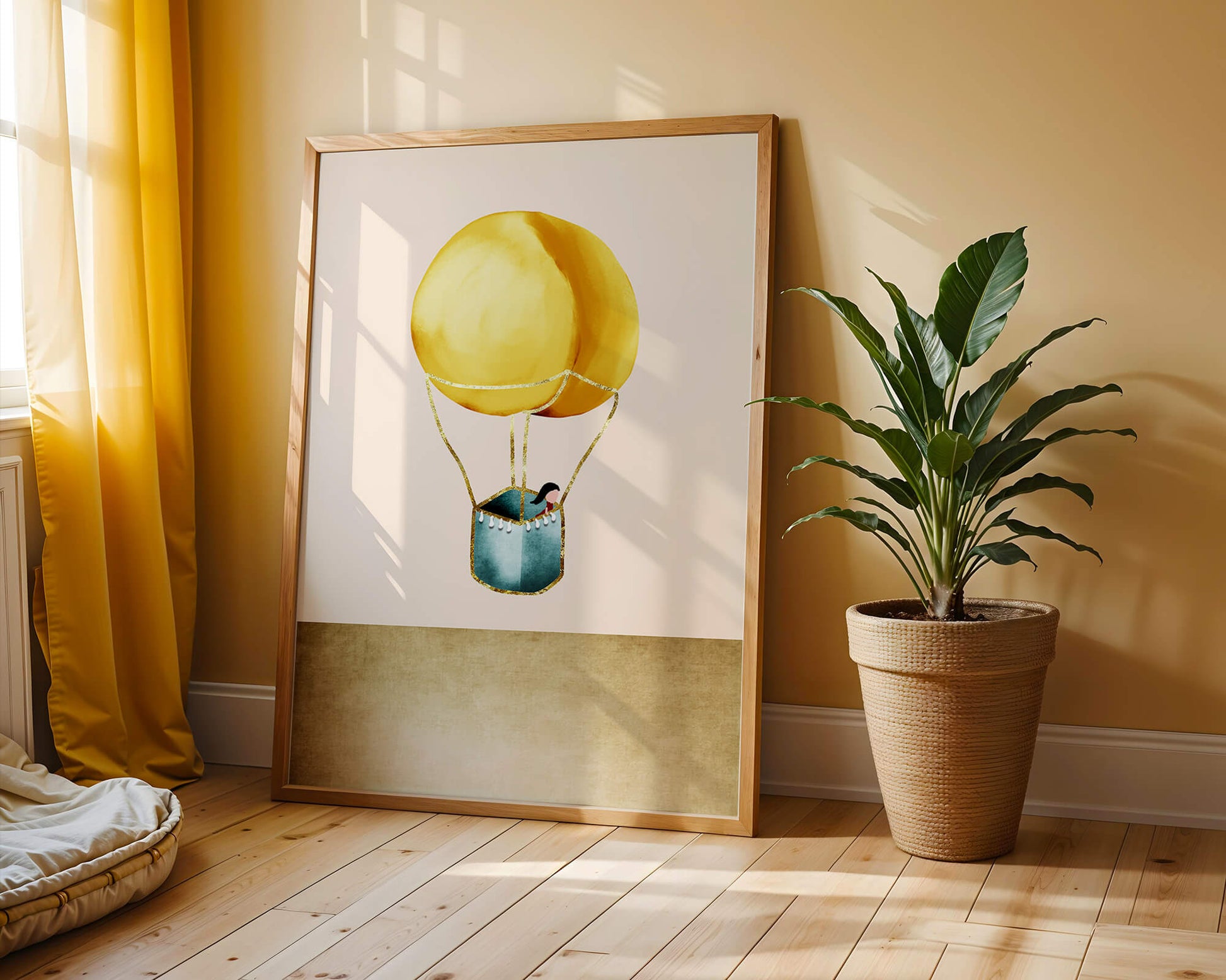Charming Hot Air Balloon Illustration with Golden Accents