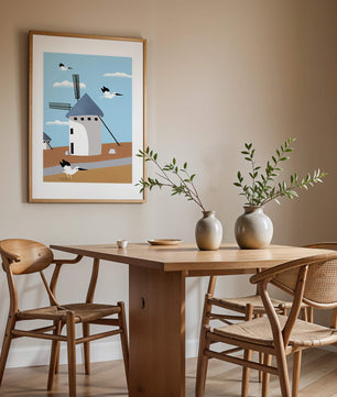 Windmill Landscape with Birds in a Minimalist Style