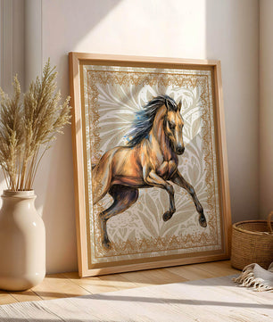 Elegant horse illustration with ornate golden frame