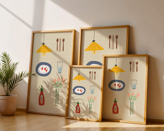 Illustrated kitchen items including lamp, utensils, and flowers