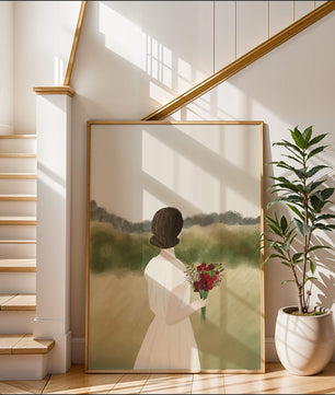 Woman in White Dress Holding Bouquet Facing Nature