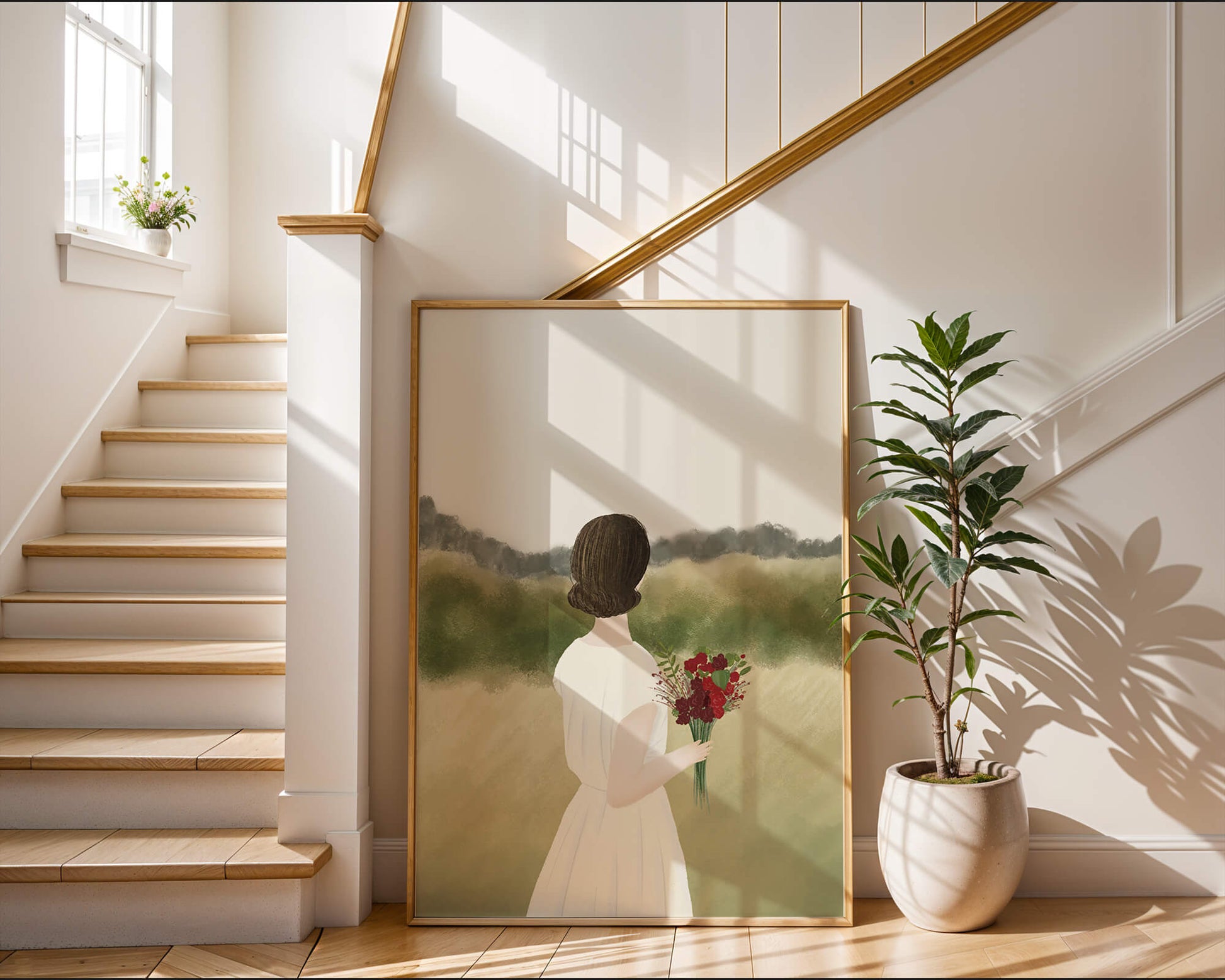 Woman in White Dress Holding Bouquet Facing Nature