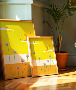 Illustrative landscape with crescent moon, stars, and flowers