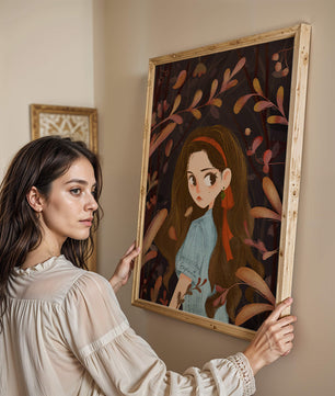 Ilustración elegante de una chica rodeada de follaje abstracto