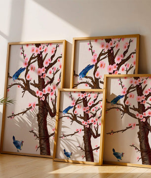 Ilustración encantadora de un árbol de cerezo con pájaros