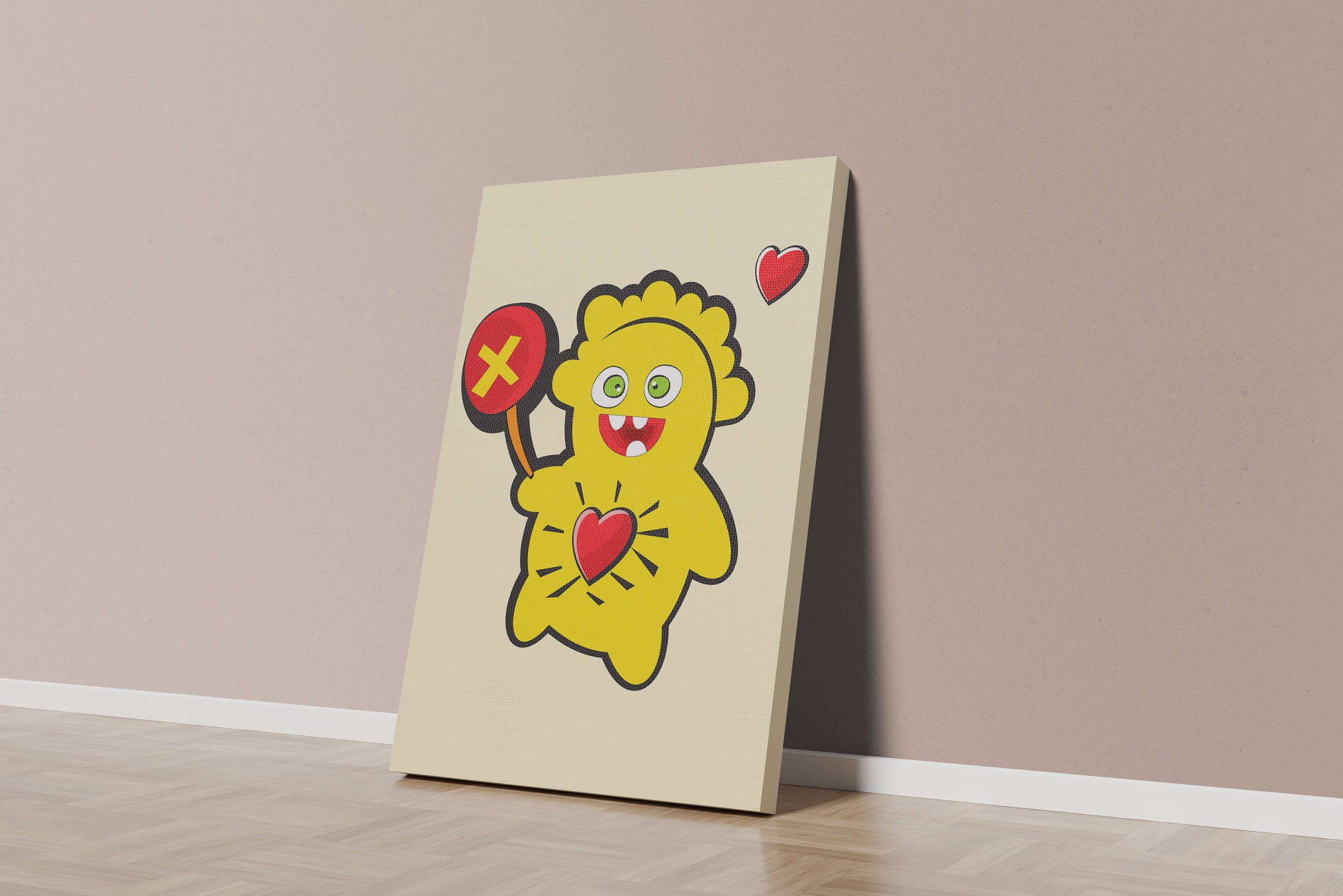 Colorful cartoon character with heart and playful design