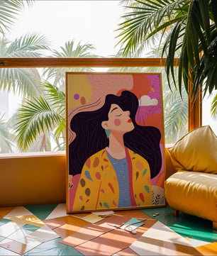 Ilustración colorida de una mujer en estilo artístico con fondo vibrante