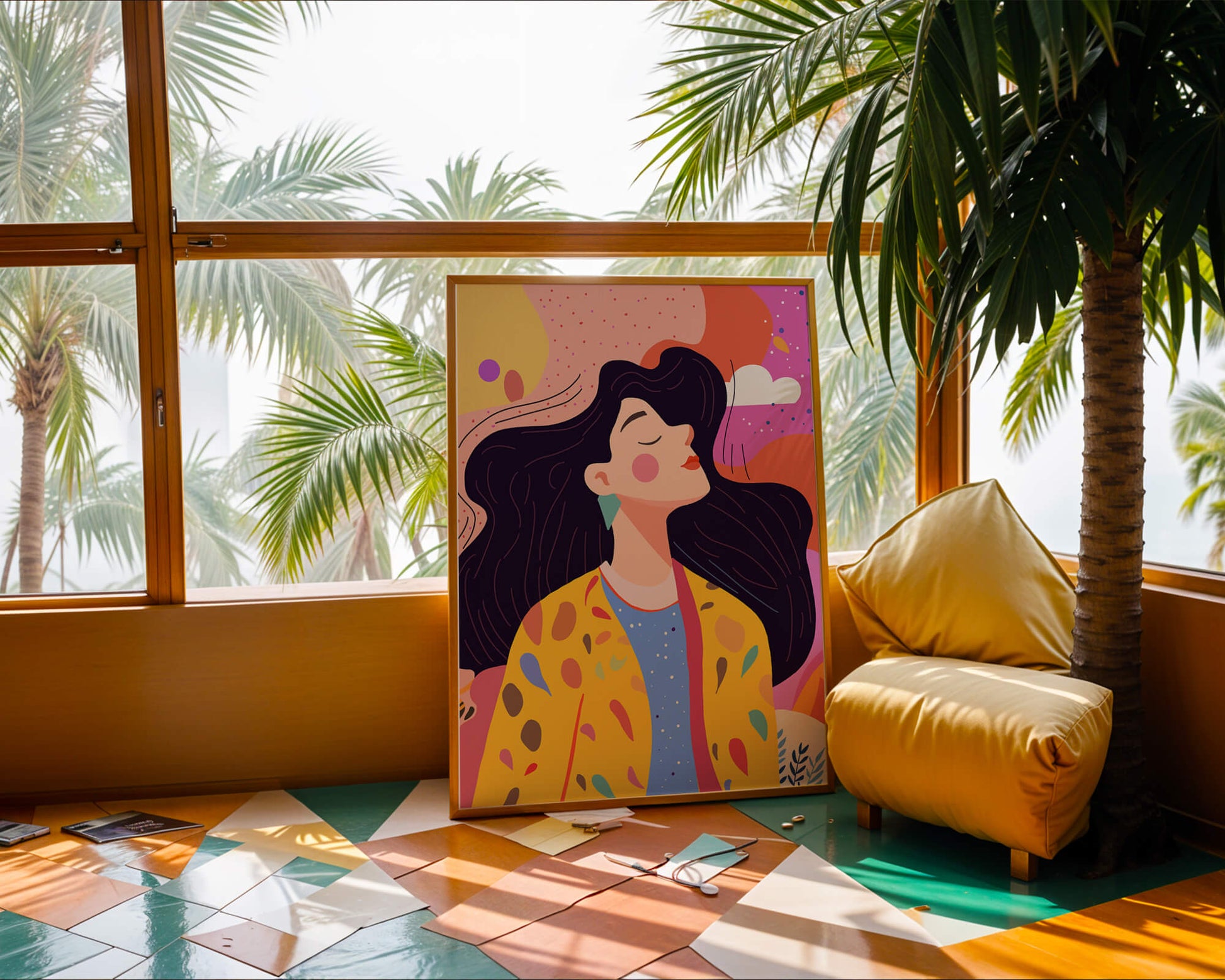 Ilustración colorida de una mujer en estilo artístico con fondo vibrante