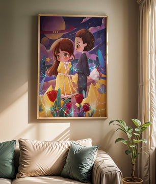 Ilustración de pareja romántica con estrellas y rosas en un entorno nocturno mágico