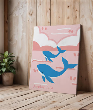 Playful whales illustration in pastel pink and blue