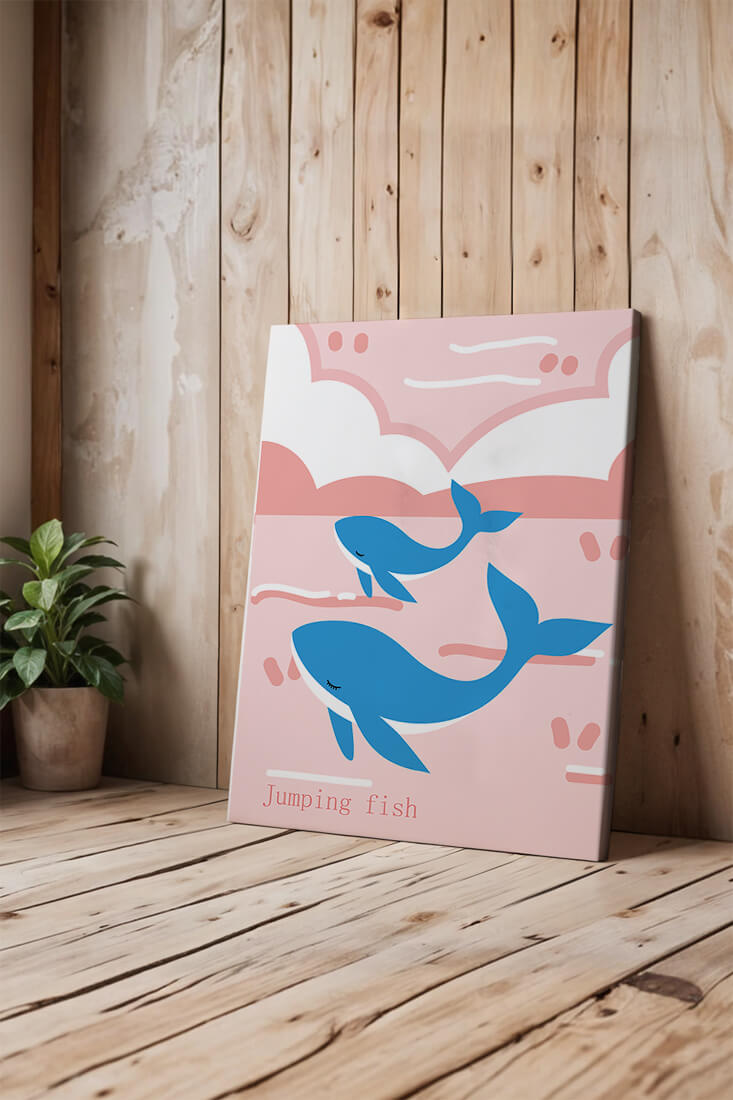 Playful whales illustration in pastel pink and blue