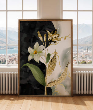 Diseño floral abstracto con detalles dorados y oscuros